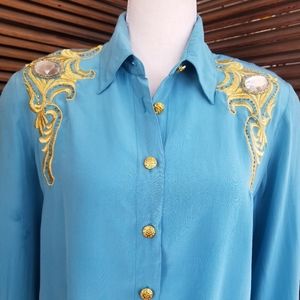 Vintage 1960's Le Painty Paris 100% Blue Silk Blouse Gold embroidered Jeweled
